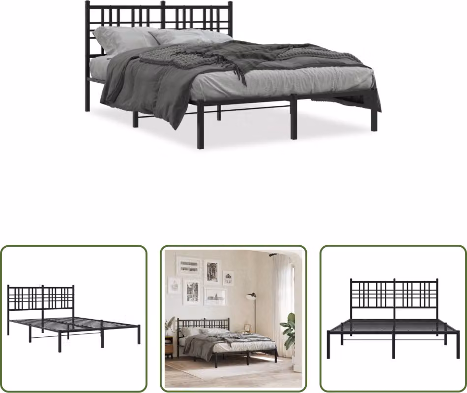 The Living Store Struttura letto con testiera in metallo nero 120x200 cm