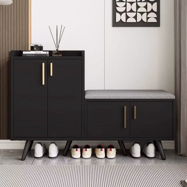Scarpiera Mivray con seduta imbottita e ripiani interni in MDF, colore nero e noce scuro, L 120 x P 34 x H 82 cm