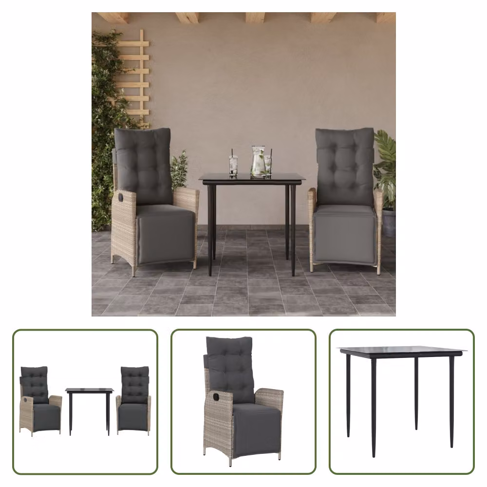The Living Store Set da pranzo da giardino 3 pezzi con cuscini in rattan grigio chiaro