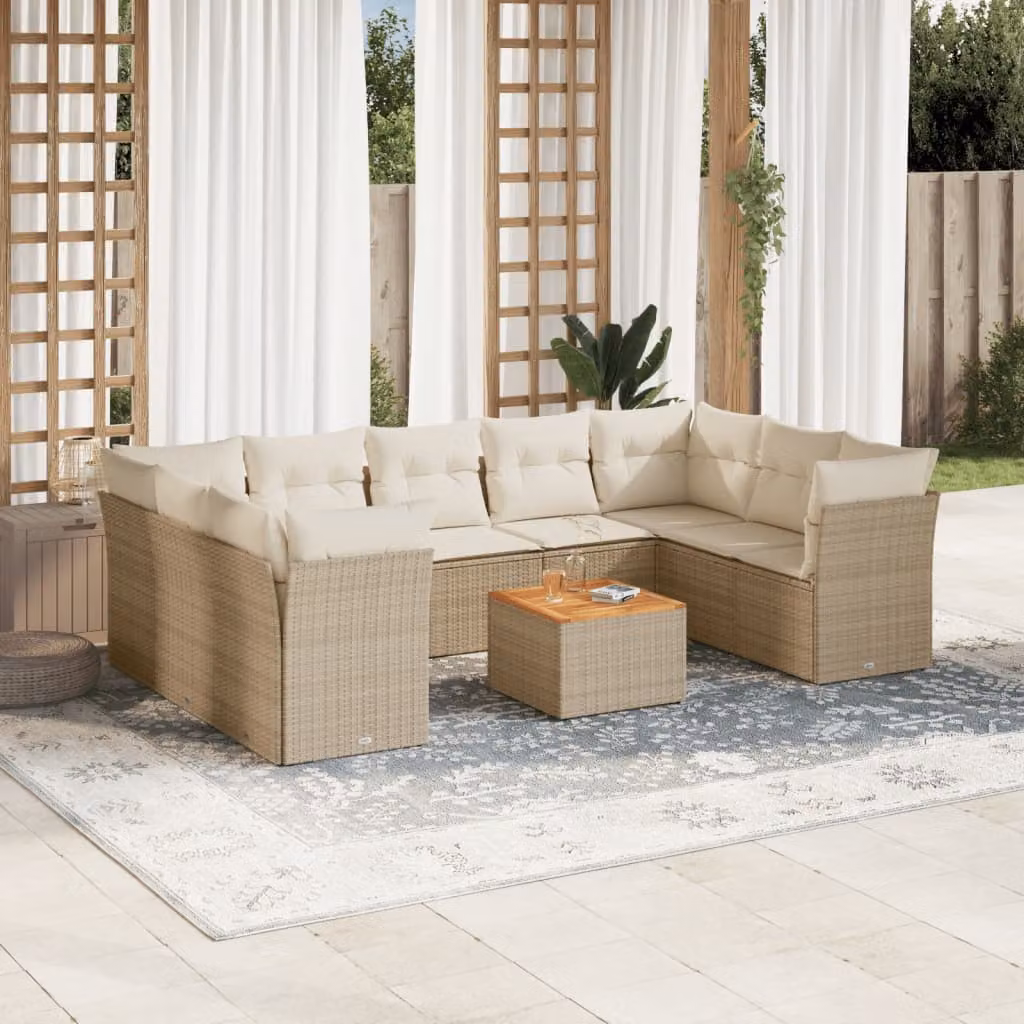 Set Divano da Giardino vidaXL 10 pz a Forma a L con Cuscini Beige e Tavolino da Caffè in Polyrattan e Acciaio – 1