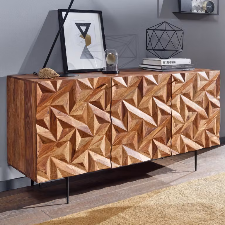 FineBuy Credenza in legno massiccio di Sheesham 145 cm con 3 ante - Cassettiera solida e retrò con gambe nere - Credenza naturale di design - Realizzata a mano Industriale