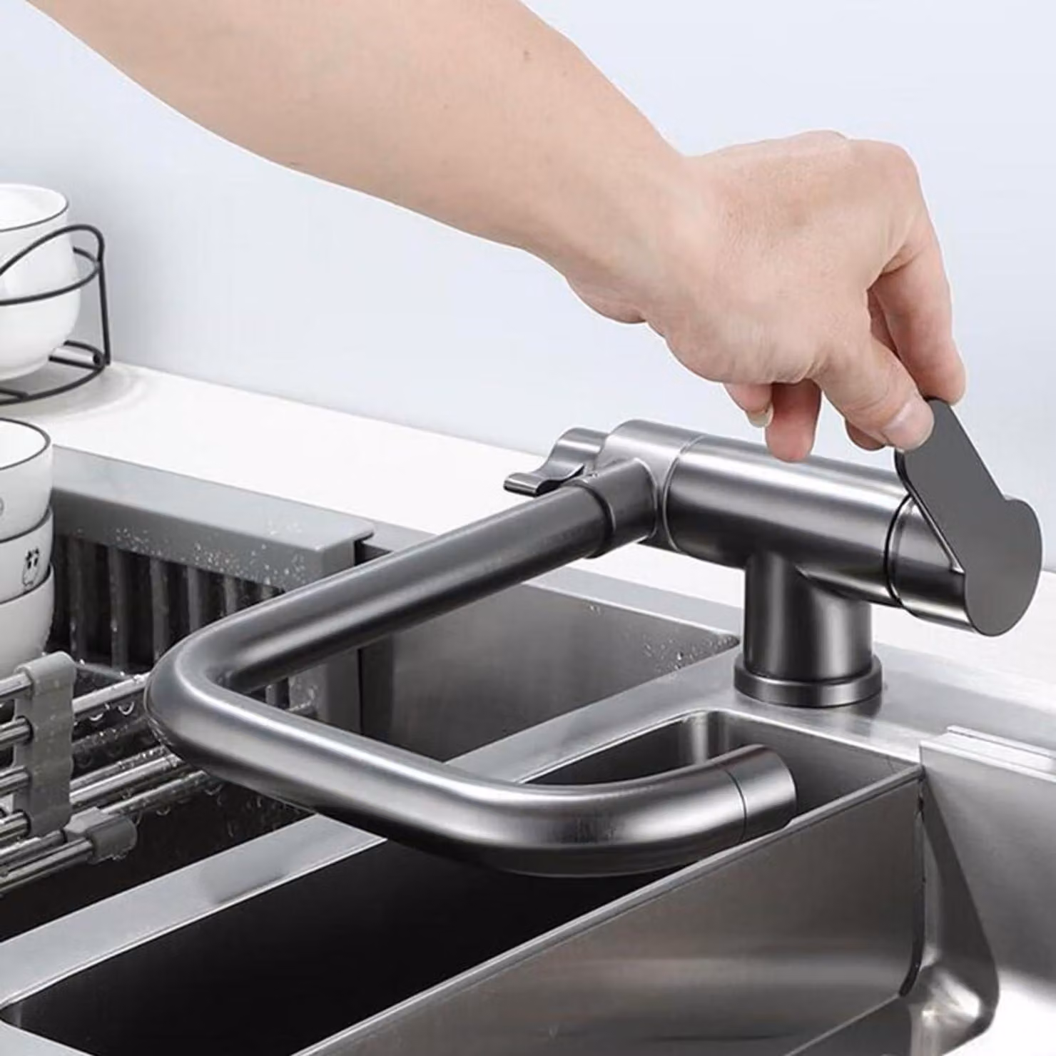 Rubinetto da cucina a tre vie, grigio, in ottone, con bocchetta girevole a 360°