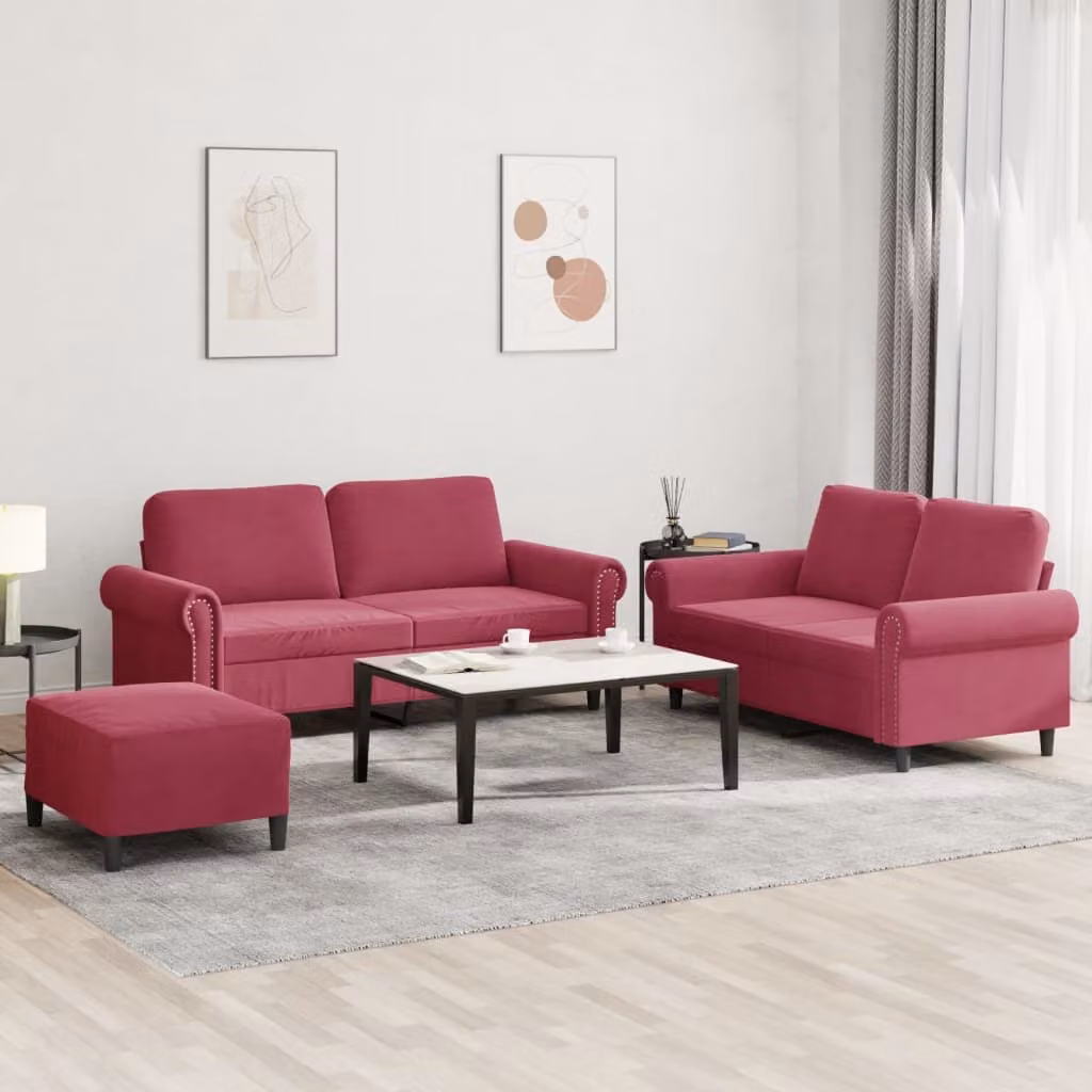 Maison Exclusive - Set divano a 3 pezzi con cuscini in velluto bordeaux