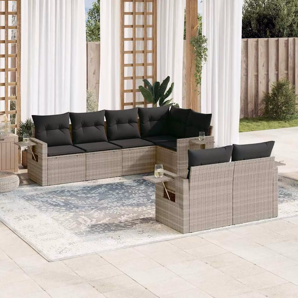 vidaXL Set Divani da Giardino a L con Cuscini 7pz in Polyrattan e Metallo Grigio Chiaro – 1
