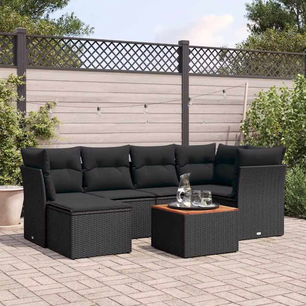 Set Divani da Giardino a L vidaXL in Polyrattan Nero con Cuscini e Tavolino da Esterno – 1