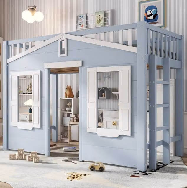 Letto a soppalco per bambini in legno di pino e MDF blu 90x200 cm con scala reversibile e spazio multifunzionale sottostante