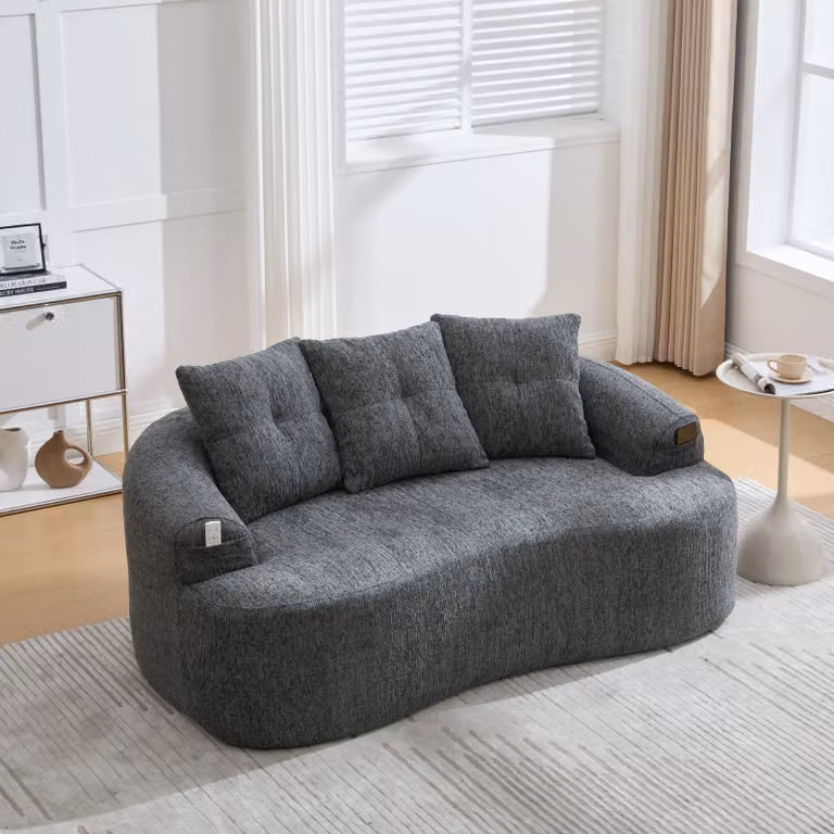 okwish Divano a due posti in ciniglia con tre cuscini decorativi Forma arrotondata Seduta extra profonda Molle a sacchetto Comfort per il soggiorno Grigio