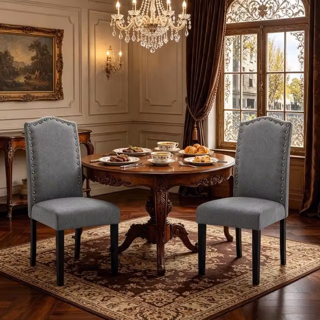 Sedia da pranzo moderna ergonomica con schienale alto imbottita in lino e legno massello grigio scuro set da 2