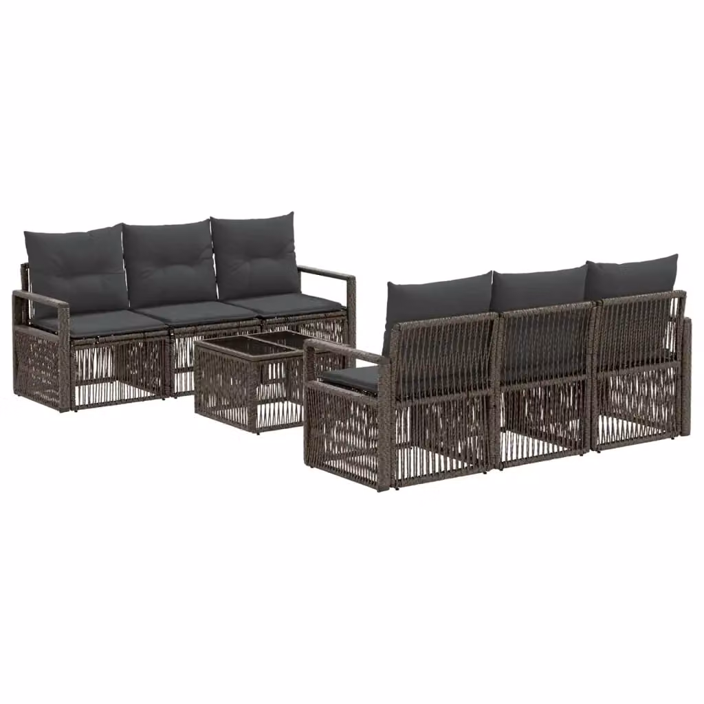 Set da giardino moderno vidaXL in polyrattan grigio composto da 7 pezzi con divani a 2 e 3 posti, tavolino da caffè in vetro e cuscini imbottiti con rivestimenti rimovibili – 2