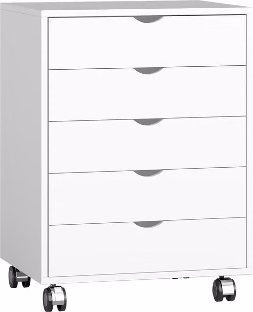 Cassettiera da ufficio HOMCOM con 5 cassetti per documenti A3, dotata di ruote e blocco di sicurezza, colore bianco, L 50 cm x P 40 cm x H 67.5 cm