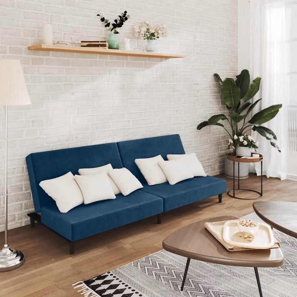 vidaXL Divano Letto Click-Clack a 2 Posti in Velluto Blu con Struttura in Legno Solido e Poggiatesta Regolabile, Dimensioni Letto: 100 x 200 cm