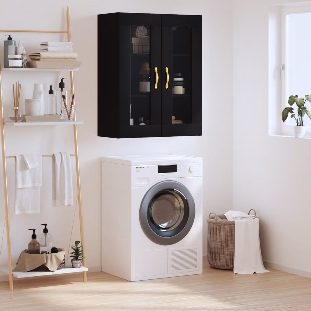 Mobile a parete vidaXL moderno con ante in vetro, nero e oro, L 69,5 cm x P 34,0 cm x H 90,0 cm