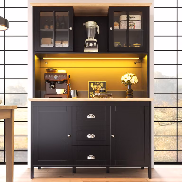 Armadio alto da cucina Fliek con LED, armadio da cucina con cassetti e ante, credenza con ripiani regolabili in altezza, 120x40x179 cm, nero