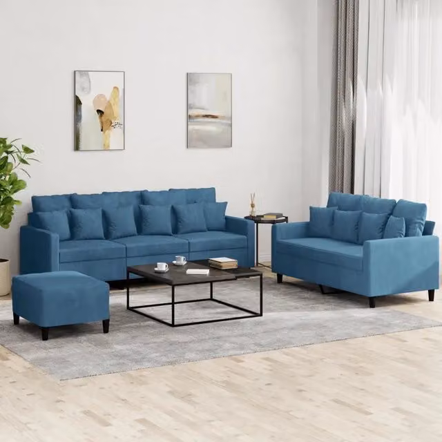 Set di divani moderno vidaXL in velluto blu composto da divano a 3 posti, divano a 2 posti e pouf con cuscini inclusi – 1