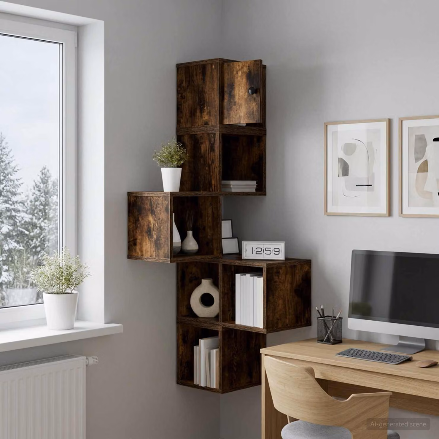 vidaXL Mensola Angolare da Parete in Rovere Fumo, Design Moderno, L/P/H: 48 x 48 x 120 cm