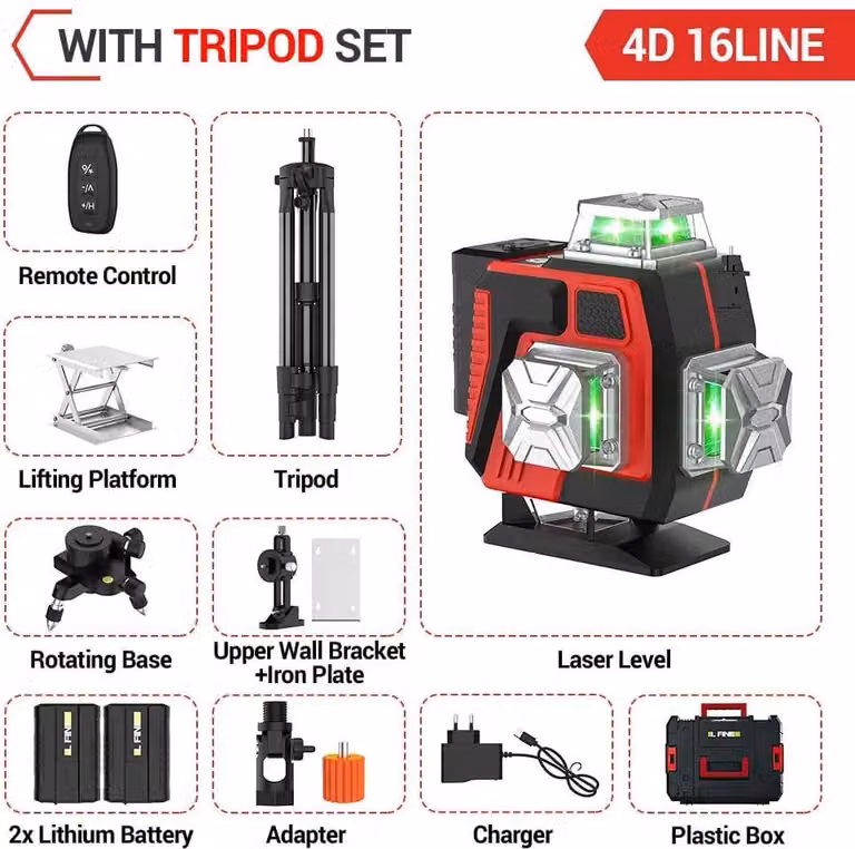 Livella laser a croce - 4D, 16 linee, livella laser a bolla - Autolivellante, 360° orizzontale e verticale - Raggio verde - Con treppiede e custodia in plastica