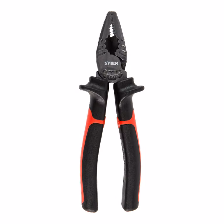 Pinza combinata STIER Power, lunghezza 180 mm, quadrata, pinza multifunzionale per afferrare, pinza per bloccare, pinza per piegare, pinza per tagliare, chiave ad anello integrata, impugnatura a 2 componenti