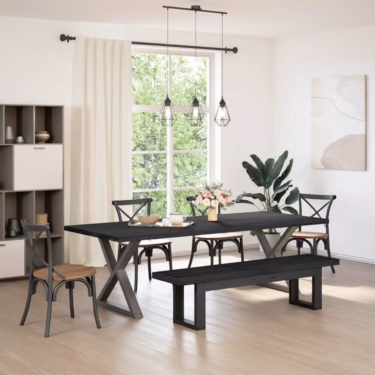 Panchina da pranzo NOAIN vidaXL in legno di pino e metallo nero, stile rustico, L 160 x P 41 x H 45 cm
