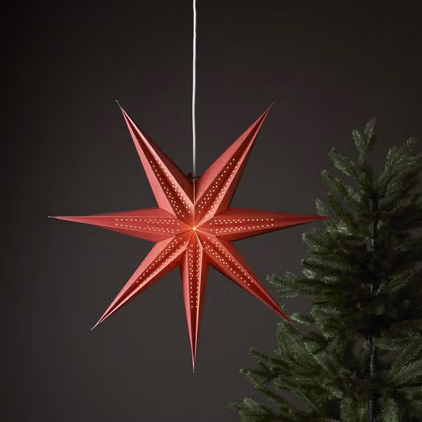 Grande stella di carta, con "punta" rossa, pieghe decorative e motivo traforato, a 7 punte, Ø 60 cm