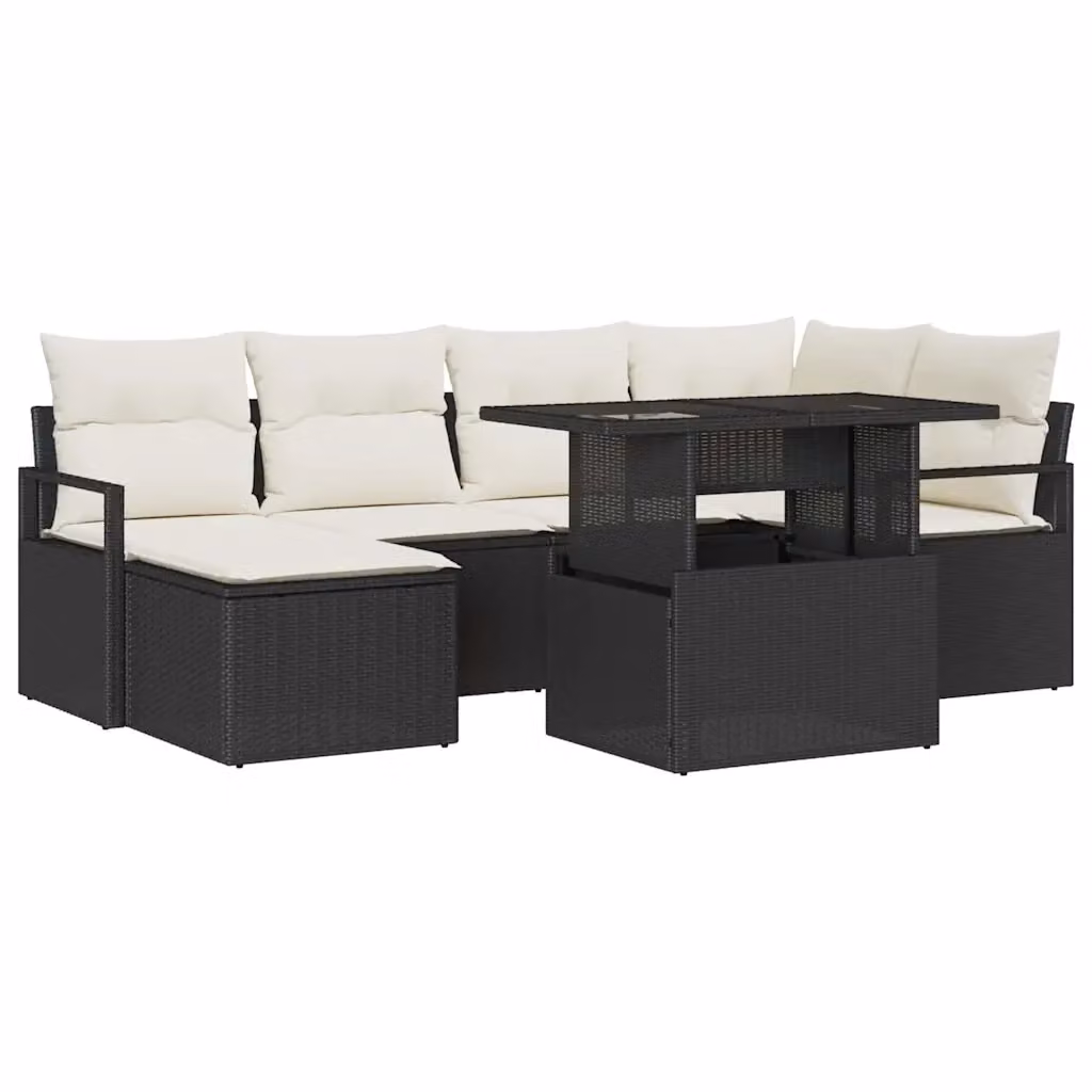 Set Divano da Giardino vidaXL 7 Pezzi a Forma di L con Tavolino e Ottoman, Colore Nero e Beige, Struttura in Metallo e Polyrattan con Cuscini Inclusi – 2