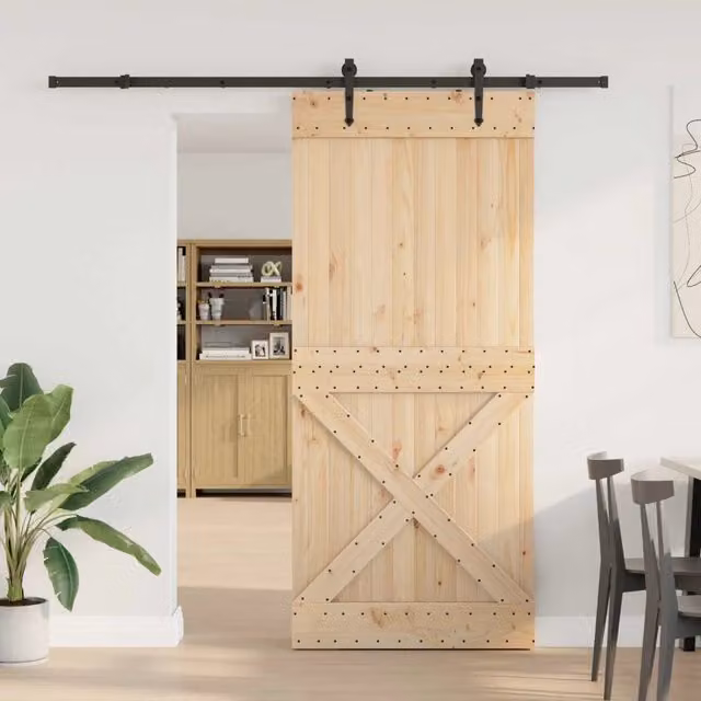 Porta scorrevole moderna vidaXL NARVIK in legno e acciaio, colore Naturale e Nero, L: 90 cm, H: 210 cm