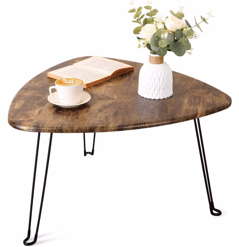 Tavolino pieghevole triangolare, in legno, con gambe in metallo, stile retrò, color marrone