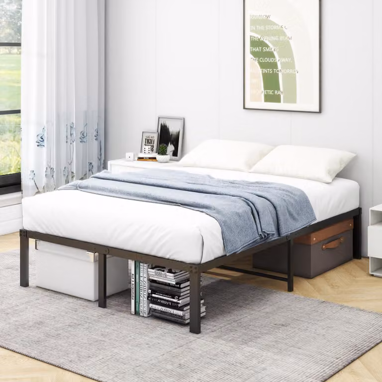 Letto a piattaforma in metallo, 120x200 cm, con rete a doghe, colore nero, altezza 36 cm