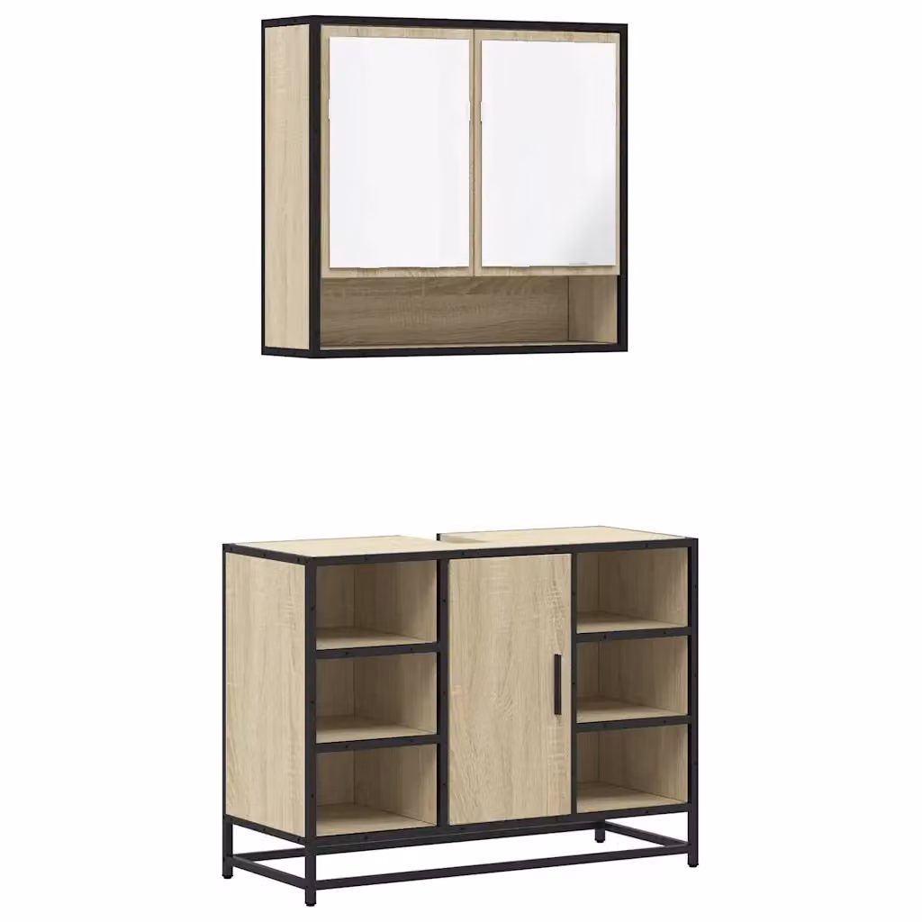 Set Mobili da Bagno 2 Pezzi vidaXL in Legno e Metallo Stile Industrial Marrone con Mobileto Specchio e Mobile Lavabo a Parete – 2