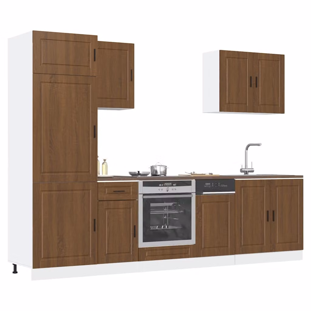 Set di mobili da cucina moderno vidaXL composto da 7 pezzi in color marrone con ante a cerniera e cassetti, L/P/H: 207 x 60 x 57 cm