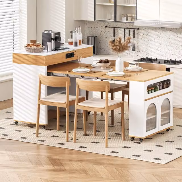 Isola Cucina con Ruote, Tavolo Allungabile con Ciabatte e Vetro Scanalato, Credenza con 1 Cassetto, Sideboard per Cucina e Sala da Pranzo (Bianco+Legno Naturale)