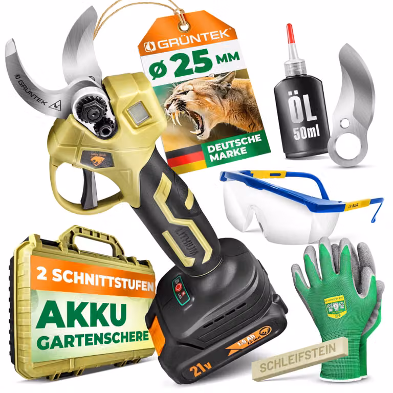 GRÜNTEK, cesoie elettriche a batteria per potatura, 21V, 1,5Ah, motore brushless. Cesoie elettriche per giardinaggio a batteria, adatte a rami fino a 25mm, motore brushless da 250W, lama SK5 compatibile con Makita, set completo con custodia