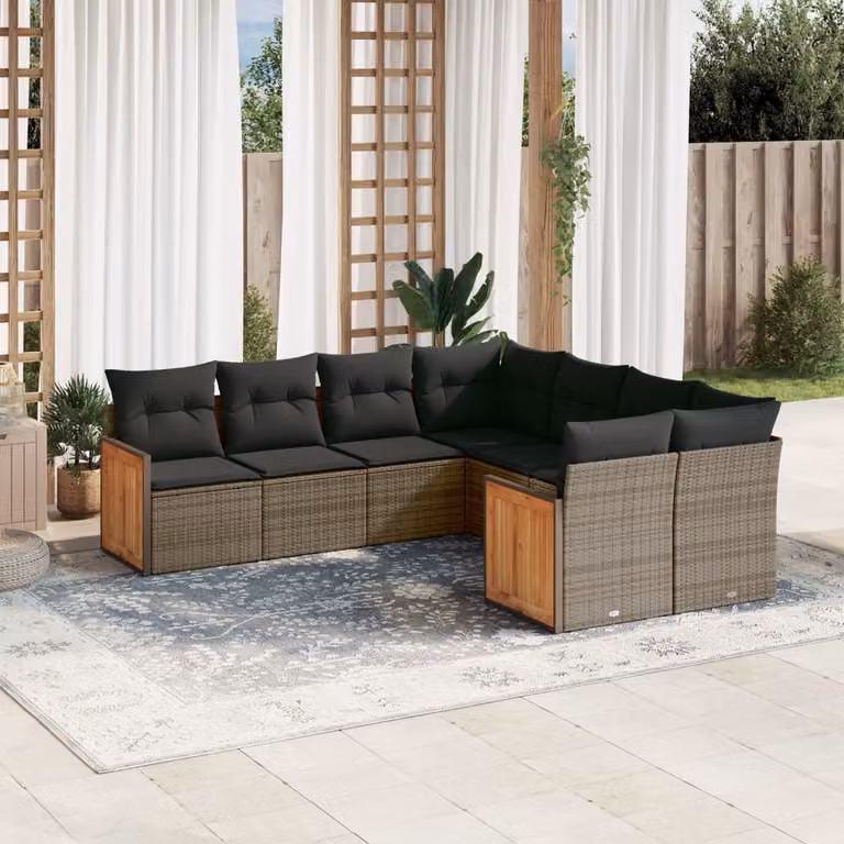 Set Divano da Giardino a L vidaXL 8 pz con Cuscini Grigio in Polyrattan e Acciaio