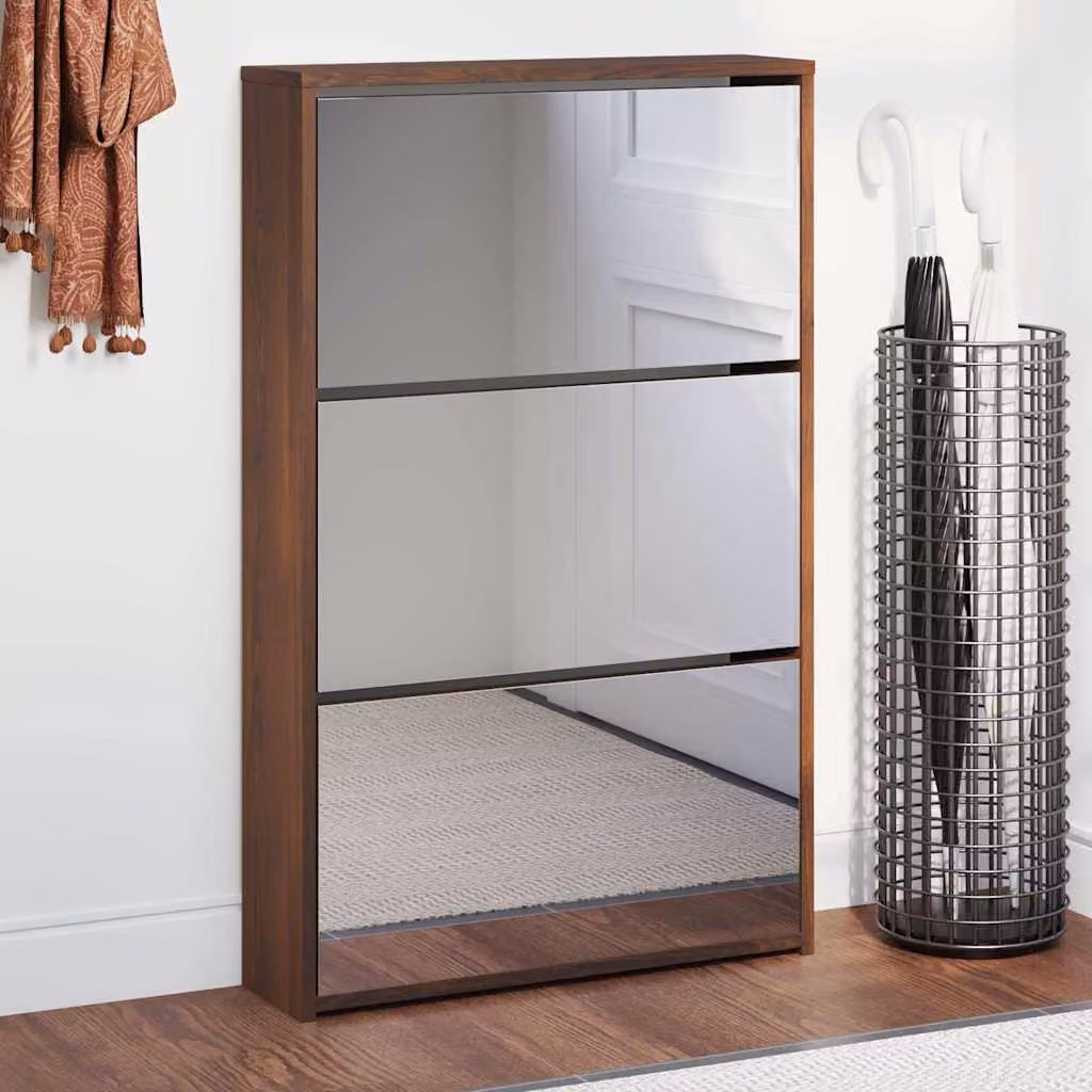 Scarpiera con specchio vidaXL in rovere marrone con 3 livelli, L: 63 cm, P: 17 cm, H: 102,5 cm
