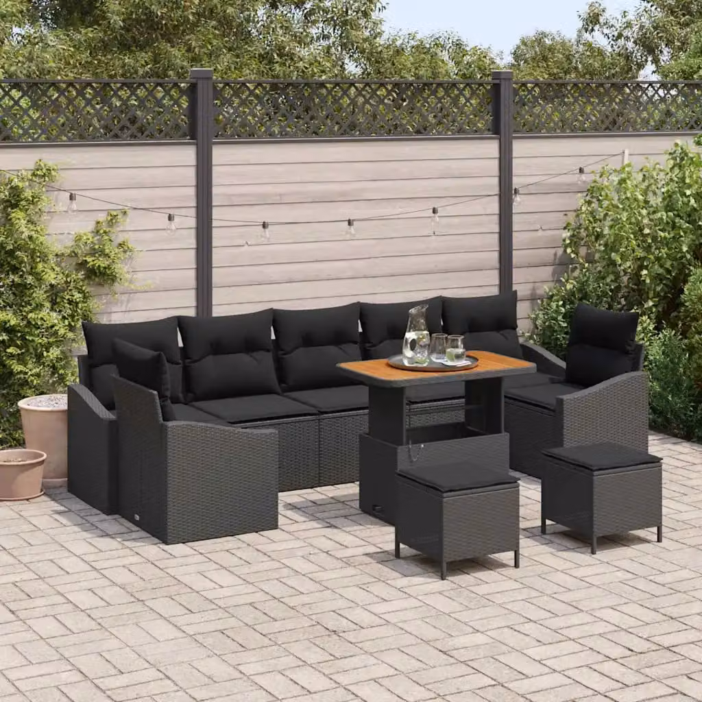 Set Divano da Giardino vidaXL 10 Pezzi in Polyrattan Nero con Cuscini e Tavolino – 1