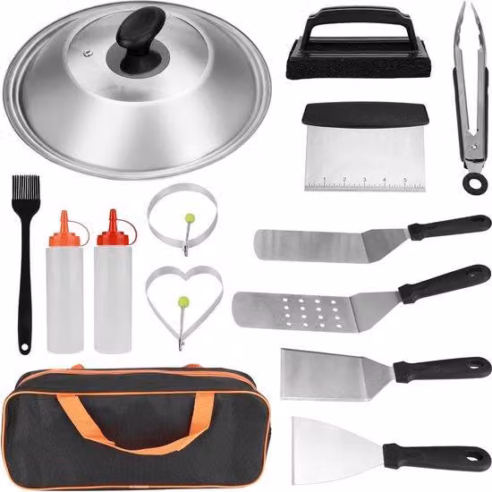 Set da 14 pezzi di accessori per barbecue da campeggio, in acciaio inossidabile, con ampia borsa da trasporto, set di accessori da campeggio di alta qualità