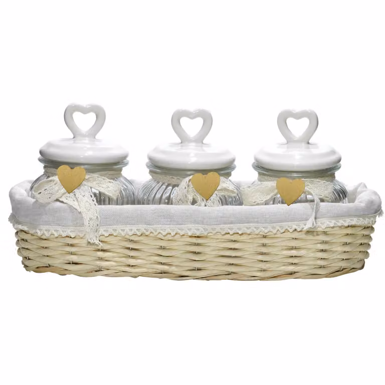 Set di 3 barattoli in vetro trasparente con cestino in vimini GUSTO CASA, capacità 0,55 l, ermetici