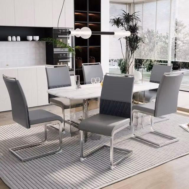Sedia da pranzo moderna MIVRAY grigia con schienale in similpelle e seduta in tessuto imbottita e struttura in metallo – 1