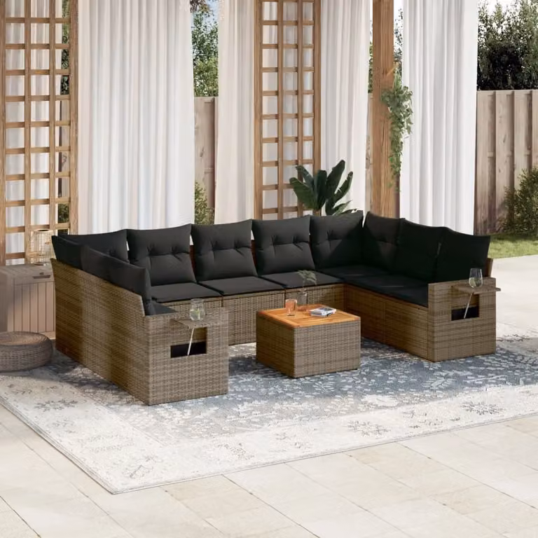 Set Divano da Giardino vidaXL 10 pz in Polyrattan Grigio con Cuscini e Tavolino da Caffè