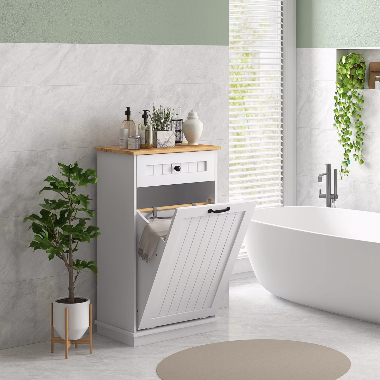Mobiletto da bagno HOMCOM in legno bianco con cesto portabiancheria e cassetto per organizzazione ottimale – 2
