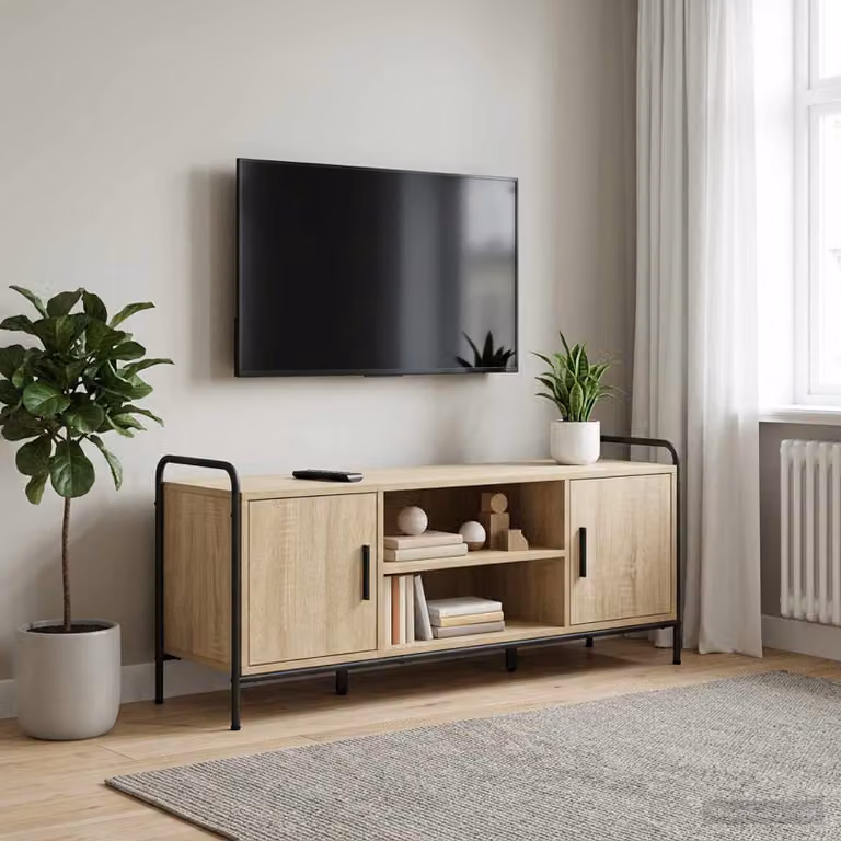 Mobile TV vidaXL in legno ingegnerizzato e metallo, colore marrone rovere, L 133 x P 33 x H 50 cm