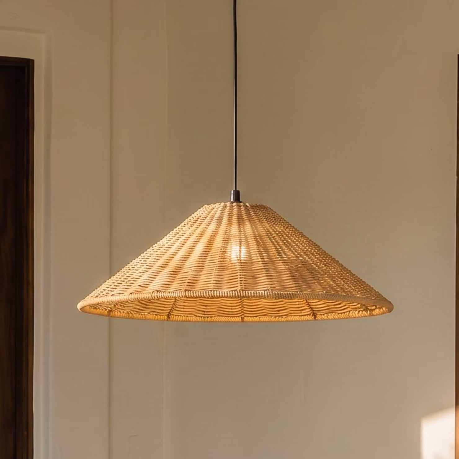 Lucande Lampada a sospensione da esterno Taniola, 1 luce, conica, Ø 60 cm Taniola Lucande, dimmerabile, Legno scuro, Legno, Campagna / Rustiche
