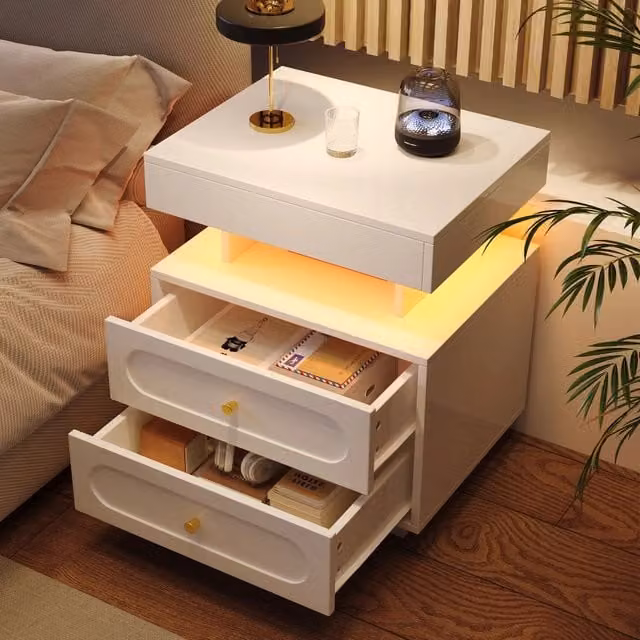 Comodino con illuminazione LED a tre colori e cassetto in pannello truciolare bianco 100 × 40 × 60 cm