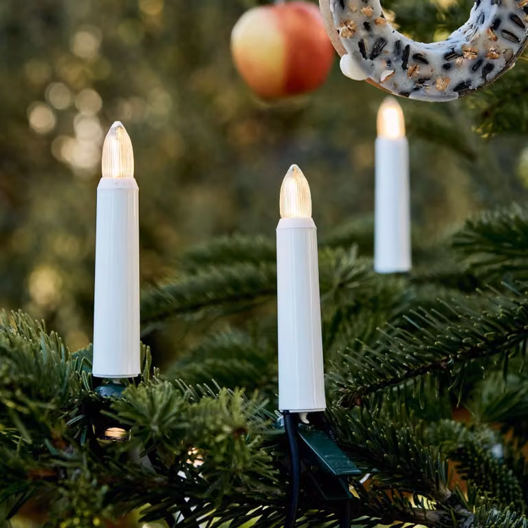 Catena luminosa a LED con 30 lampadine a forma di candela, luce calda, lunghezza 29 metri, grado di protezione IP44, adatta per uso esterno