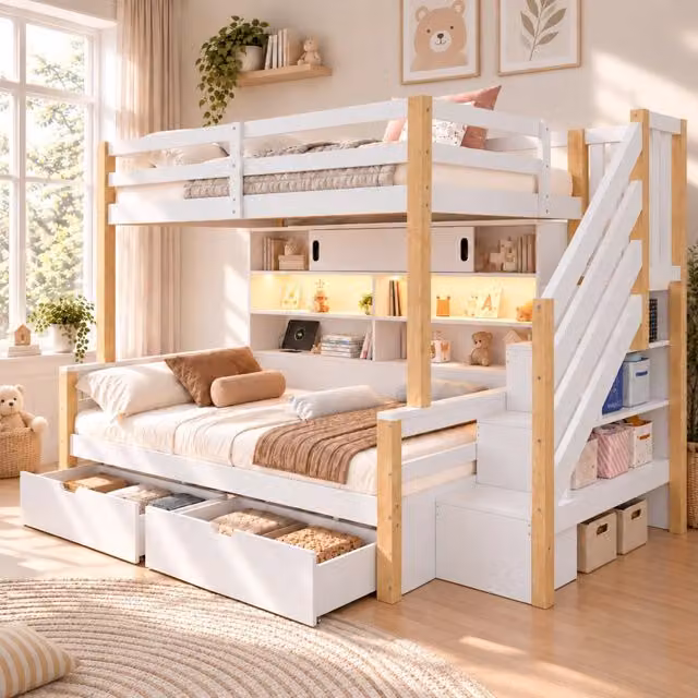 Letto a castello in legno massello, 2 posti 90x200 cm, bianco e naturale. Con scala contenitore con porta scorrevole, striscia LED e ricarica USB.