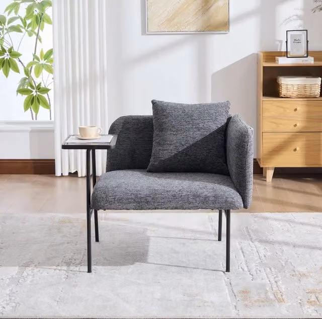 Poltrona relax MODFU in tessuto grigio scuro con tavolino laterale e tasche portaoggetti, L: 86 cm, P: 72 cm, H: 71 cm