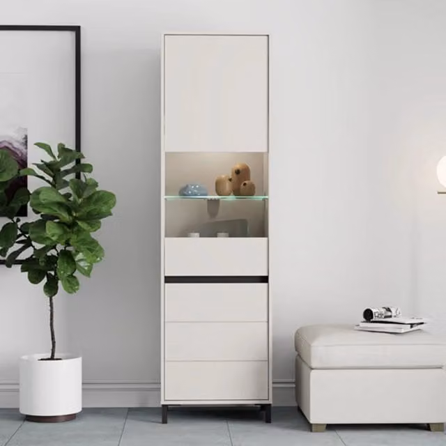 Vetrina Espositore DMORA con Ante in Vetro e 4 Ripiani, Bianco Crema, L: 55 cm, P: 40 cm, H: 193 cm