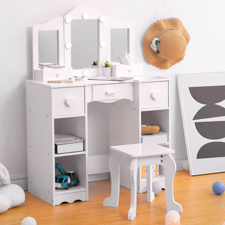 Comodino da trucco con specchio e cassetti, scrivania per il trucco, colore bianco, realizzato in pannello MDF/truciolato di alta qualità