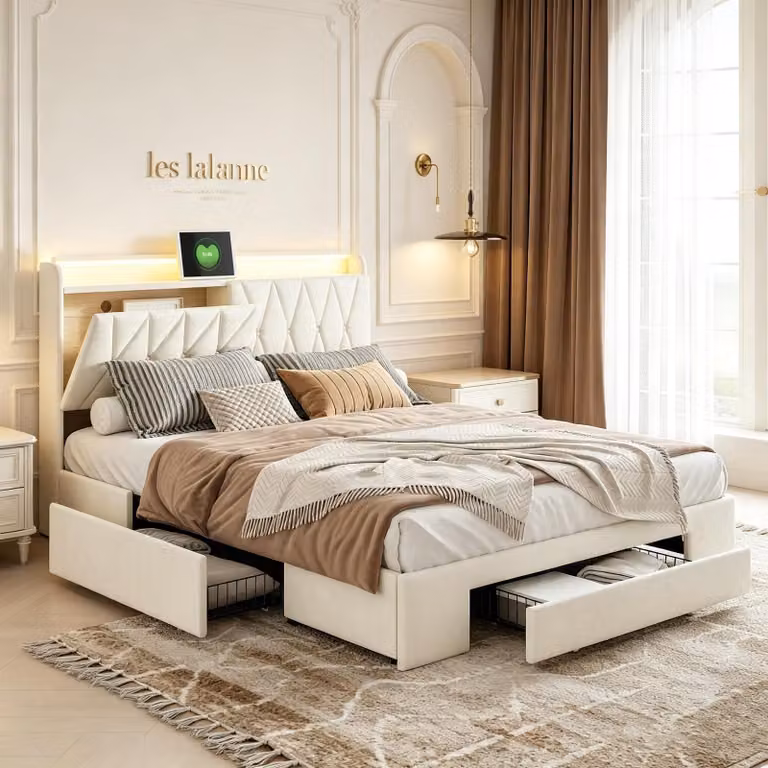 Letto imbottito INONEFT 140x190 cm con USB e rete a doghe, 3 cassetti, letto matrimoniale con spazio contenitore e illuminazione LED, design moderno, tessuto velluto, colore beige
