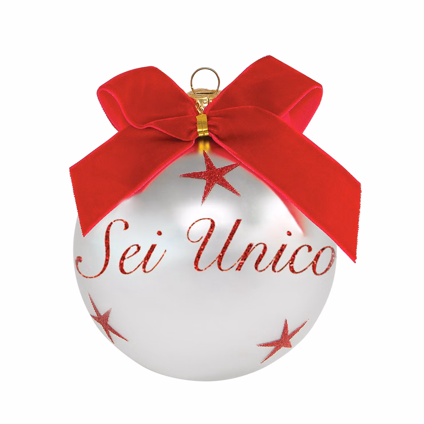Pallina di Natale Kasanova in vetro con scritta Sei Unico, colori argento, rosso e bianco, diametro 10 cm – 2