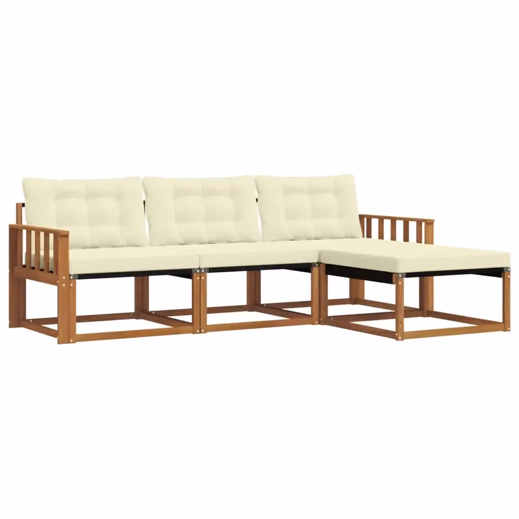 Set di divani da esterno a L con pouf vidaXL in legno di acacia e tessuto beige e bianco – 2